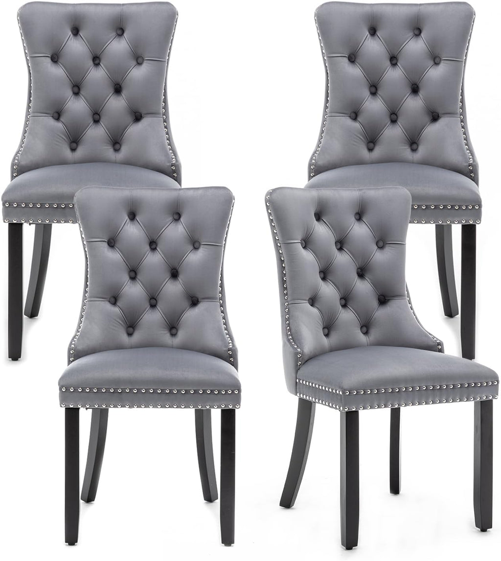 Hixkol Velvet Dining Chairs Set of 4,Upholstered Dining Chairs with Ring Pull Trim and Button Back,Modern Seating for Kitchen, Bedroom & Living Room(Grey)