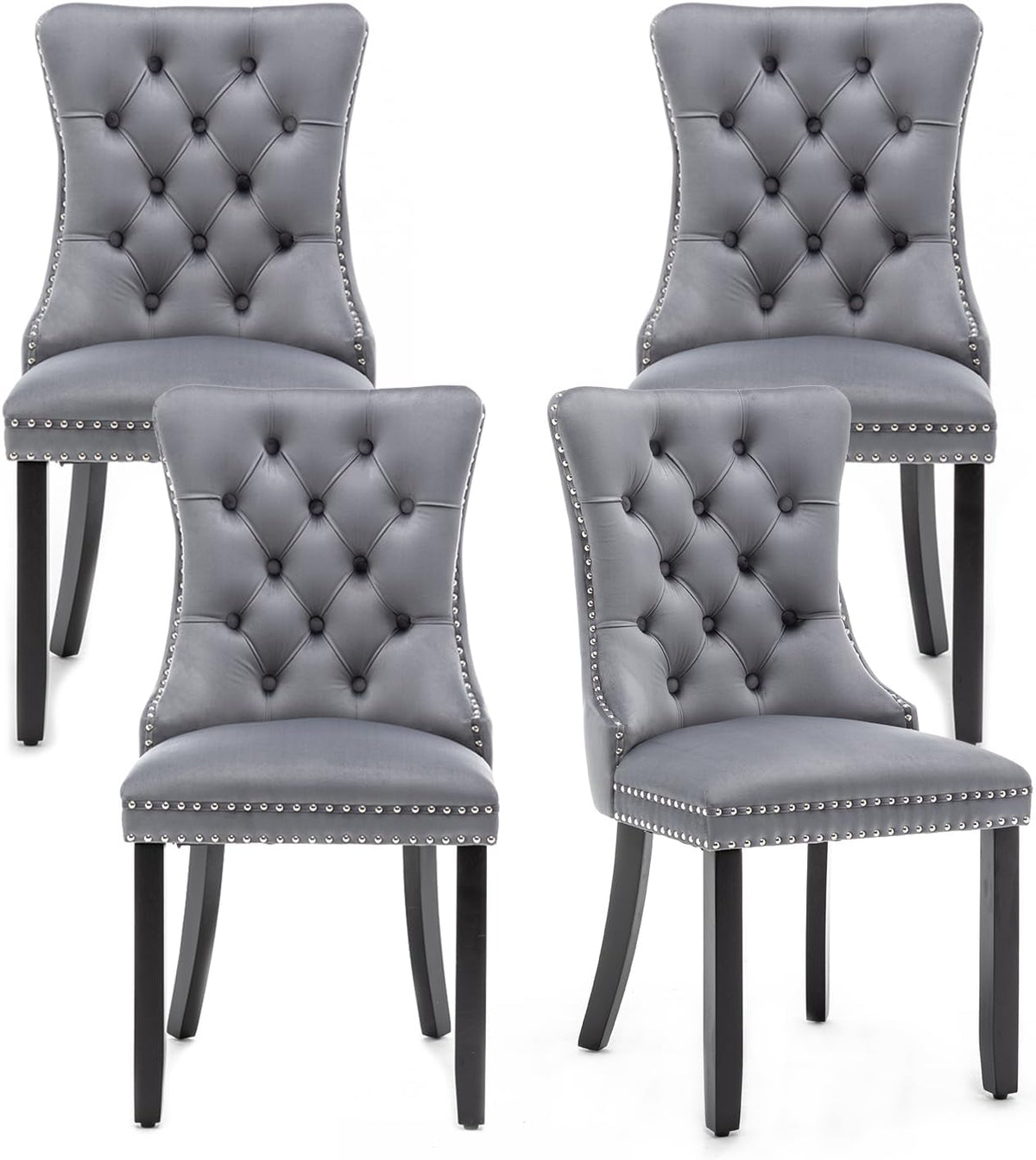 Hixkol Velvet Dining Chairs Set of 4,Upholstered Dining Chairs with Ring Pull Trim and Button Back,Modern Seating for Kitchen, Bedroom & Living Room(Grey)