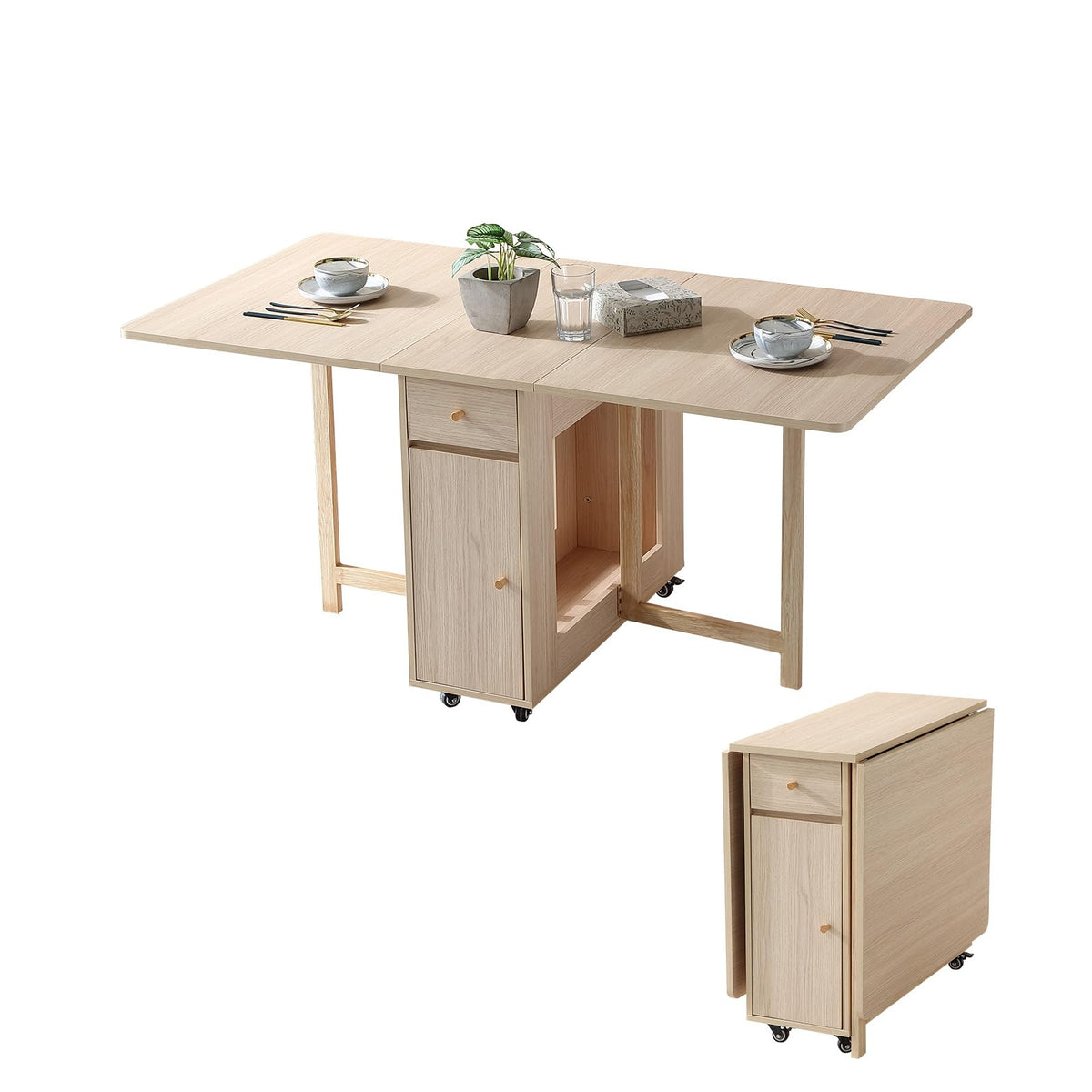 COMUHOME Drop Leaf Folding Dining Table with Storage, Wheels, Space Saving