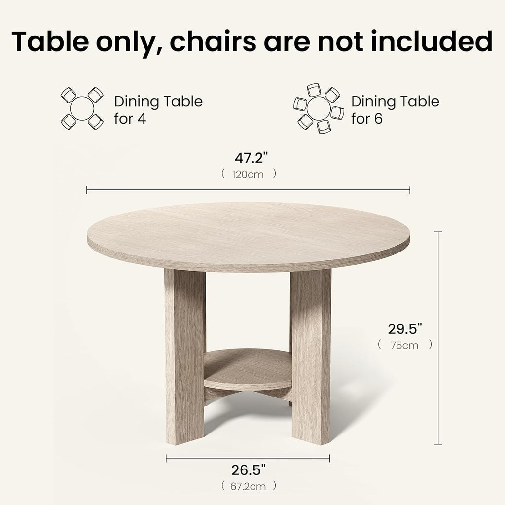 ModernMate 47 Inches Round Dining Table for 4-6 People, Wood Circle Kitchen Table with Under-Table Storage Shelf, Modern Dinner Table for Dining Room, Kitchen, Living Room, White Oak Gray