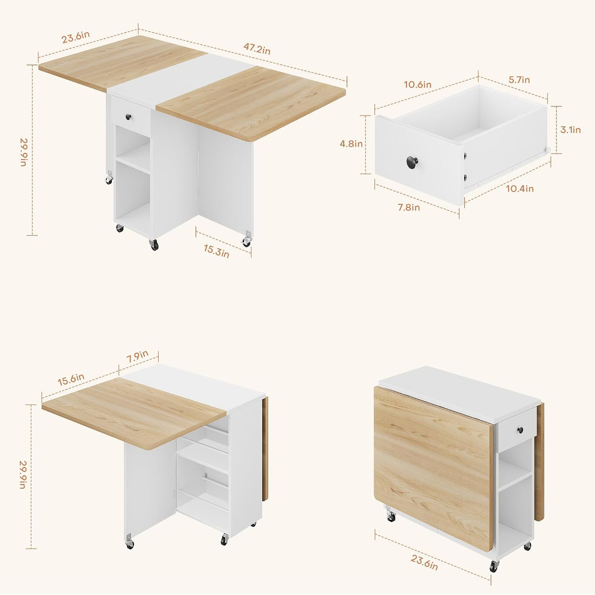 Jocoevol Space Saving Folding Dining Table for 4, Foldable Dining Table with Drawer and Storage Shelf, 6 Wheels Drop Leaf Kitchen Dining Room Table for Small Space (Natural, 47.2" x 23.6" x 29.9")