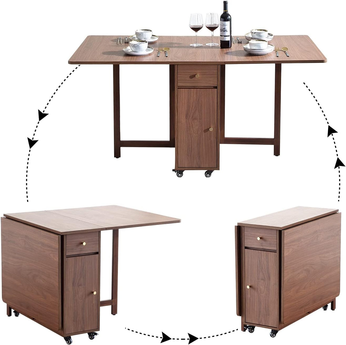 COMUHOME Drop Leaf Folding Dining Table with Storage, Wheels, Space Saving