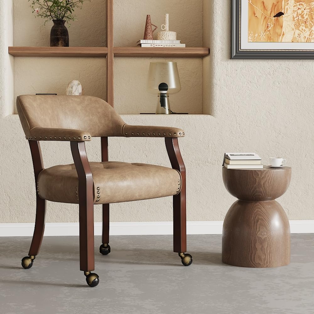 LEEMTORIG Large Dining Chairs with Casters and Arms, Rolling Dining Chairs with Wheels, Accent Game Poker Chairs, Wood Boss Caption's Chairs, 26“Dx25.2 Wx31.5“H, Cherry Legs & Ivory PU, SY-1533-WT
