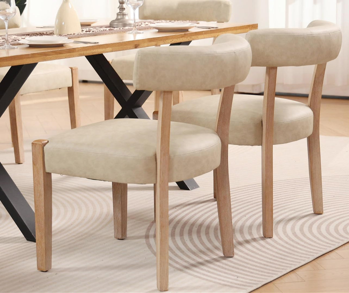 RNKSFX Modern Dining Chairs Set of 4, Faux Leather Upholstered Kitchen & Dining Room Chairs, Mid Century Modern Wooden Dining Chairs Oversized Sturdy Rounded Chairs Curved Back, Beige
