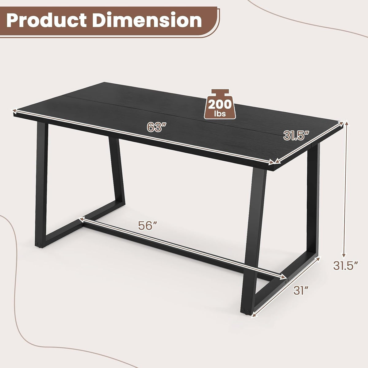 GIANTEX 63" Large Dining Table for 4-6, Mid-Century Kitchen Table w/Heavy-Duty Metal Frame & Anti-Slip Foot Pads, Rectangular Dinner Table for Dining Room Living Room (Rectangular, Black)