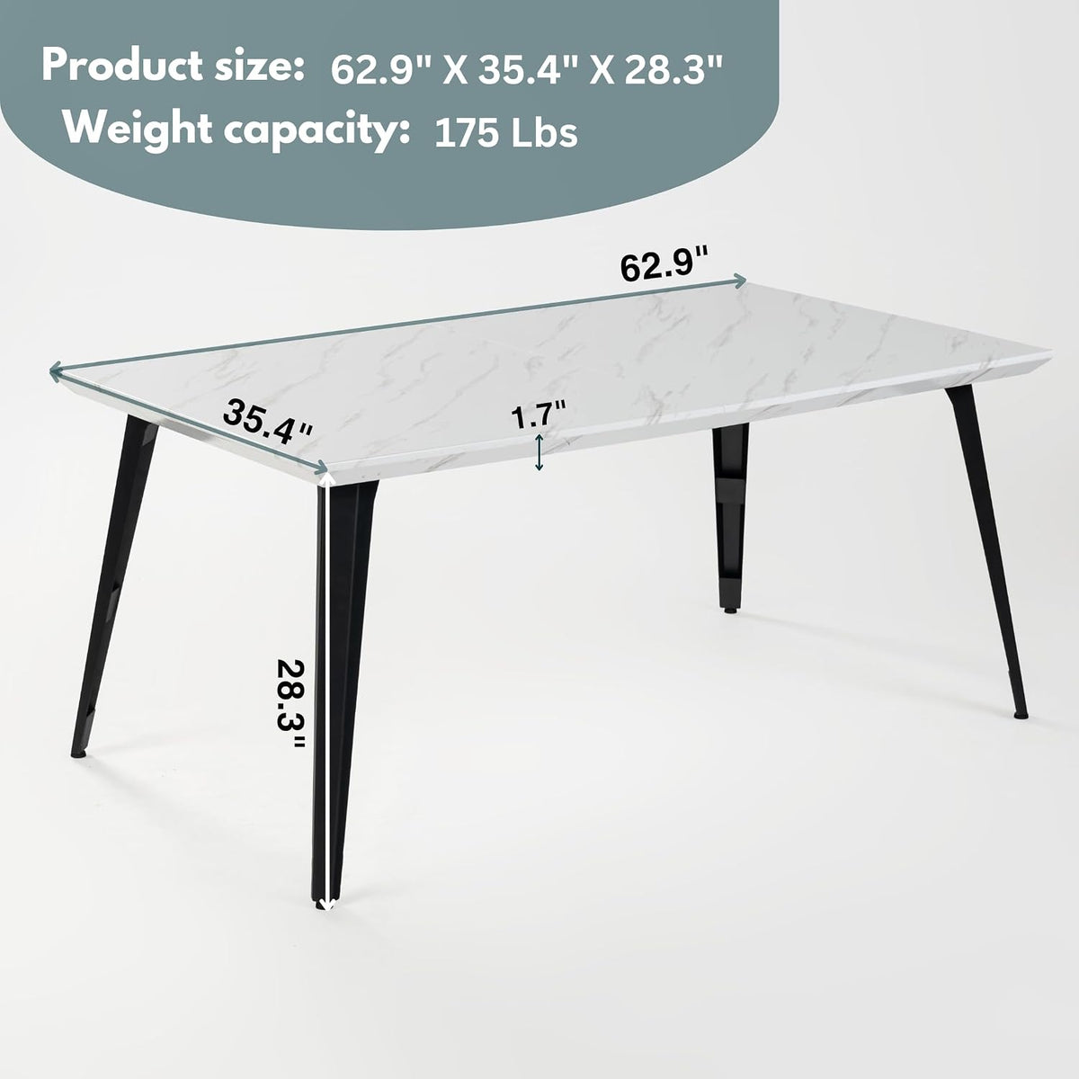 Homy Casa 63-Inch Dining Table Rectangular Kitchen Table for 4-6, Dining Room Table with Wooden Top and Metal Legs, White Marble