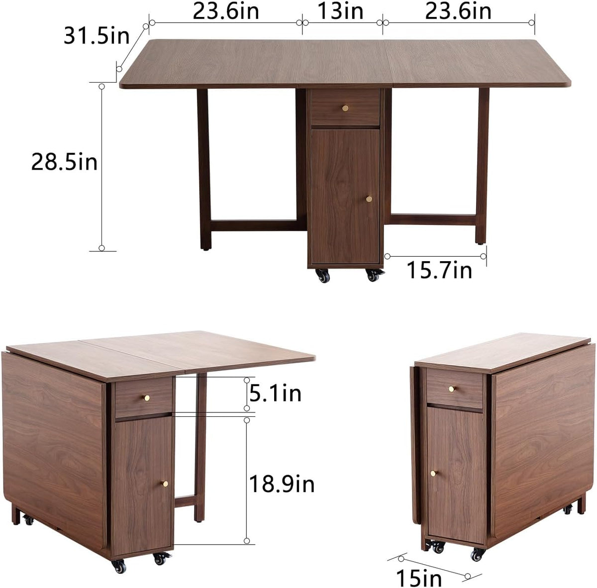 COMUHOME Drop Leaf Folding Dining Table with Storage, Wheels, Space Saving