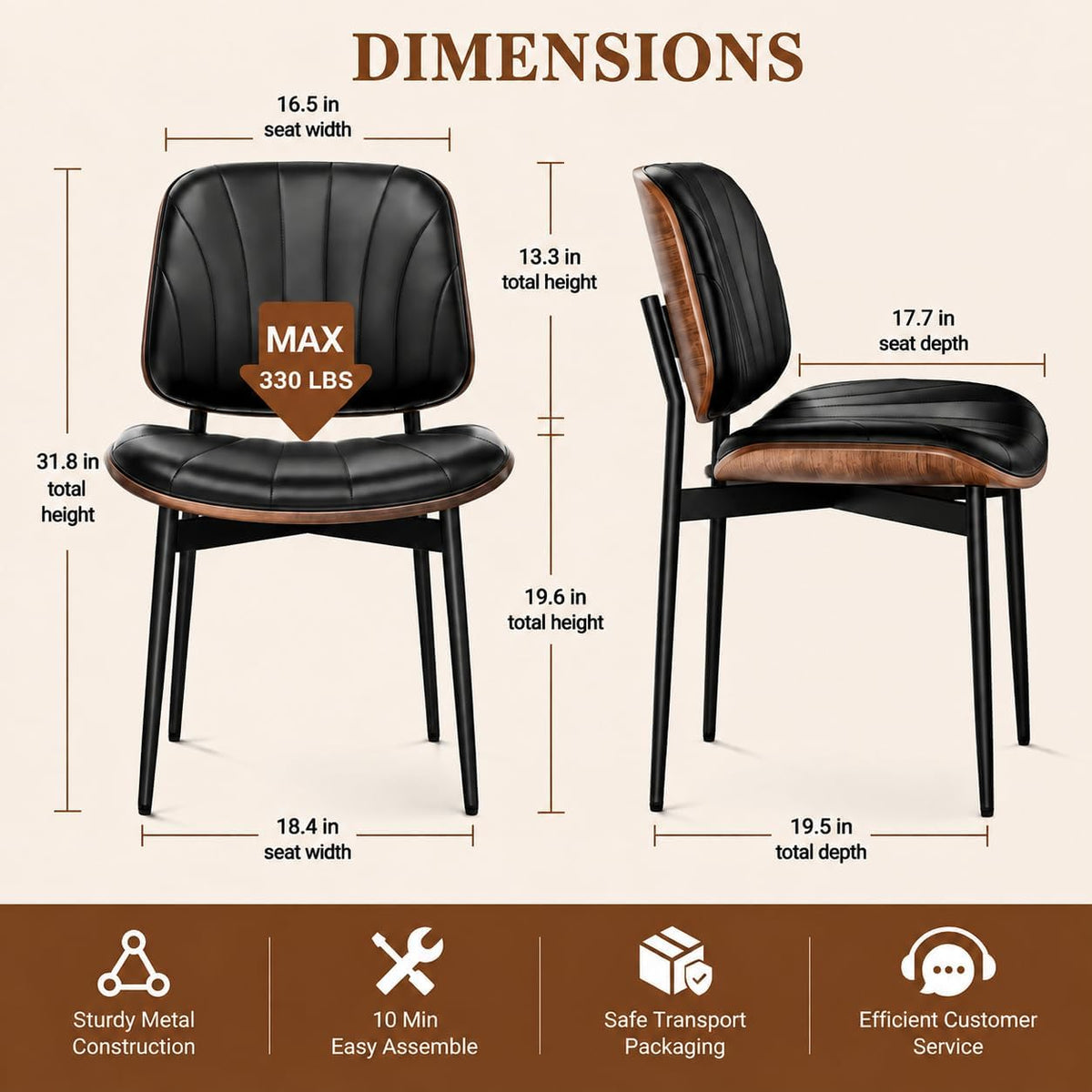 REONEY Dining Chairs Set of 2, Mid-Century Modern Kitchen Chairs, Black