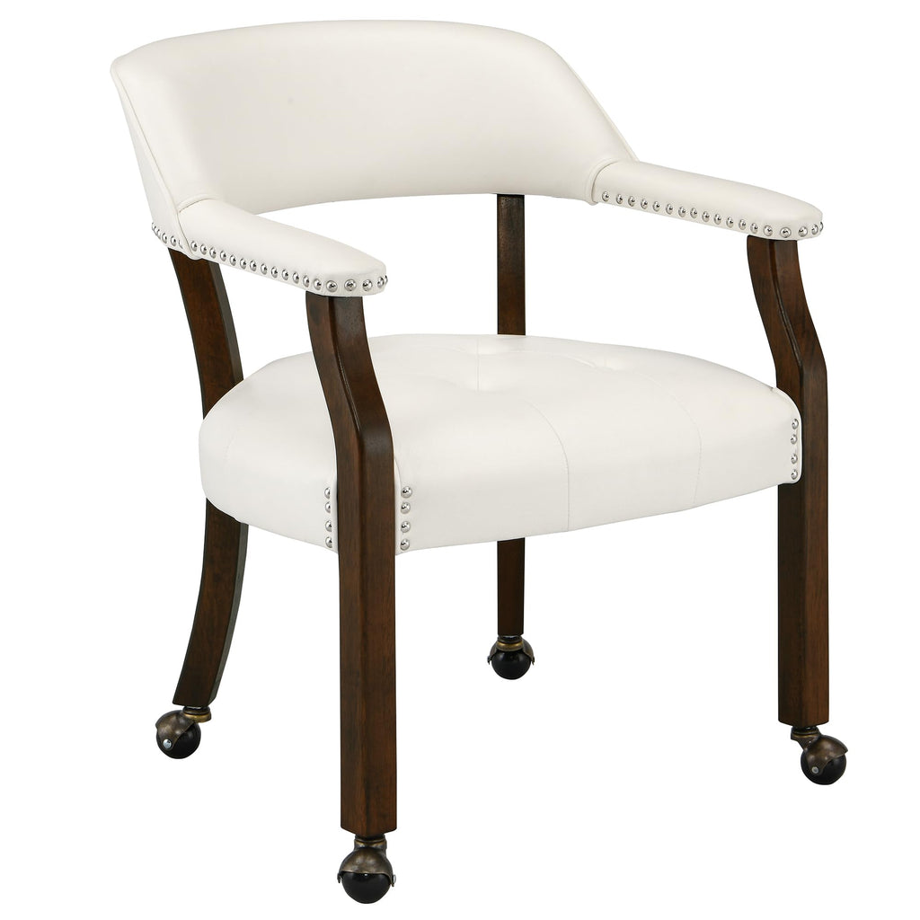 LEEMTORIG Large Dining Chairs with Casters and Arms, Rolling Dining Chairs with Wheels, Accent Game Poker Chairs, Wood Boss Caption's Chairs, 26“Dx25.2 Wx31.5“H, Cherry Legs & Ivory PU, SY-1533-WT