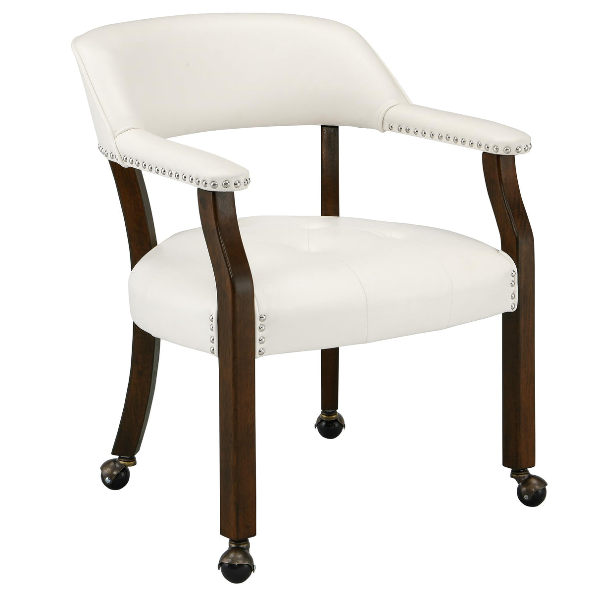 LEEMTORIG Large Dining Chairs with Casters and Arms, Rolling Dining Chairs with Wheels, Accent Game Poker Chairs, Wood Boss Caption's Chairs, 26“Dx25.2 Wx31.5“H, Cherry Legs & Ivory PU, SY-1533-WT