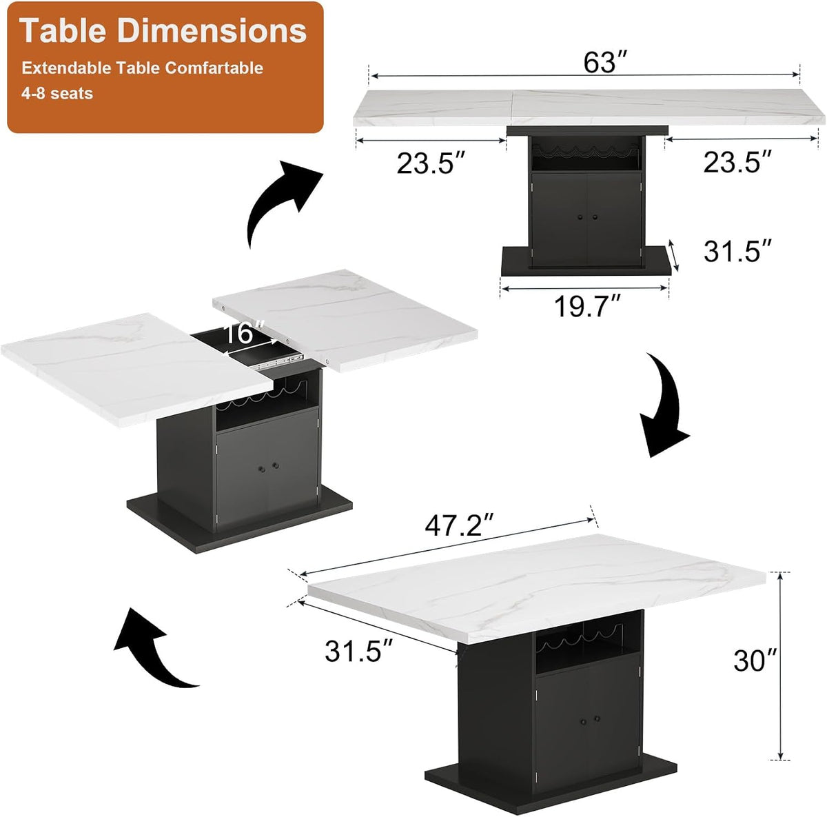 Extendable Rectangle Dining Table for 4-6, 47-63 Inch Faux Marble Kitchen Table with Storage Shelves and Wine Rack, Expandable Modern Rectangular Dinner Table for Kitchen, Dining Room, Black Pedestal