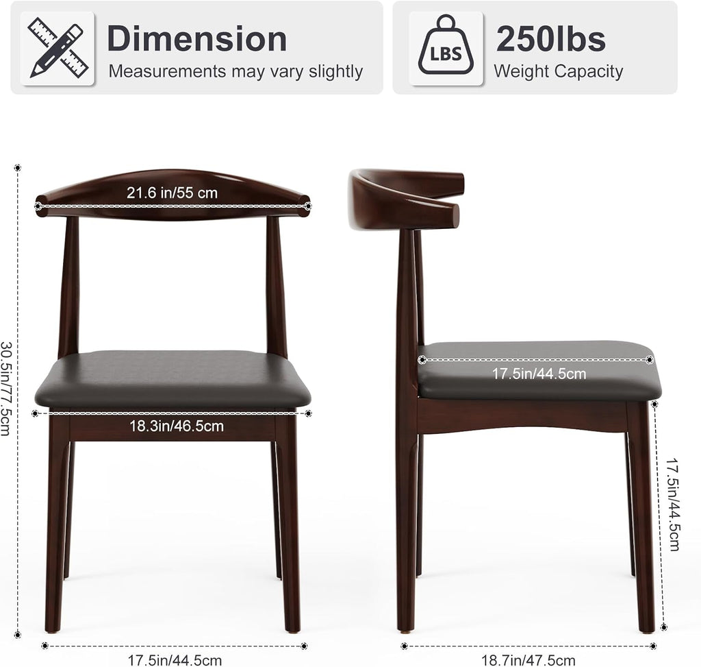 Solid Wood Dining Chairs Set of 2, Mid Century Modern Kitchen Chairs with Leather Upholstered Seat, Elegant Walnut-Colored Side Chairs for Dining Room, Kitchens,Restaurants, Cafes