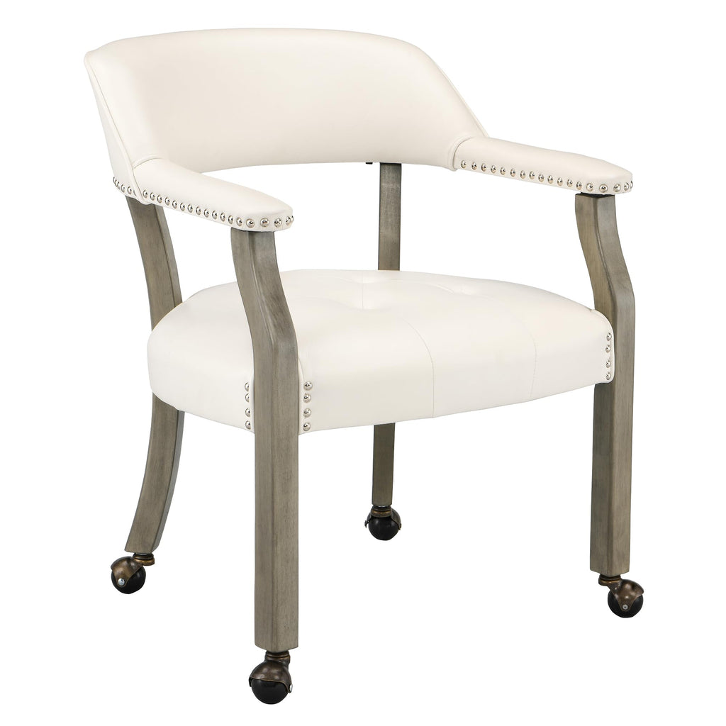 LEEMTORIG Large Dining Chairs with Casters and Arms, Rolling Dining Chairs with Wheels, Accent Game Poker Chairs, Wood Boss Caption's Chairs, 26“Dx25.2 Wx31.5“H, Cherry Legs & Ivory PU, SY-1533-WT