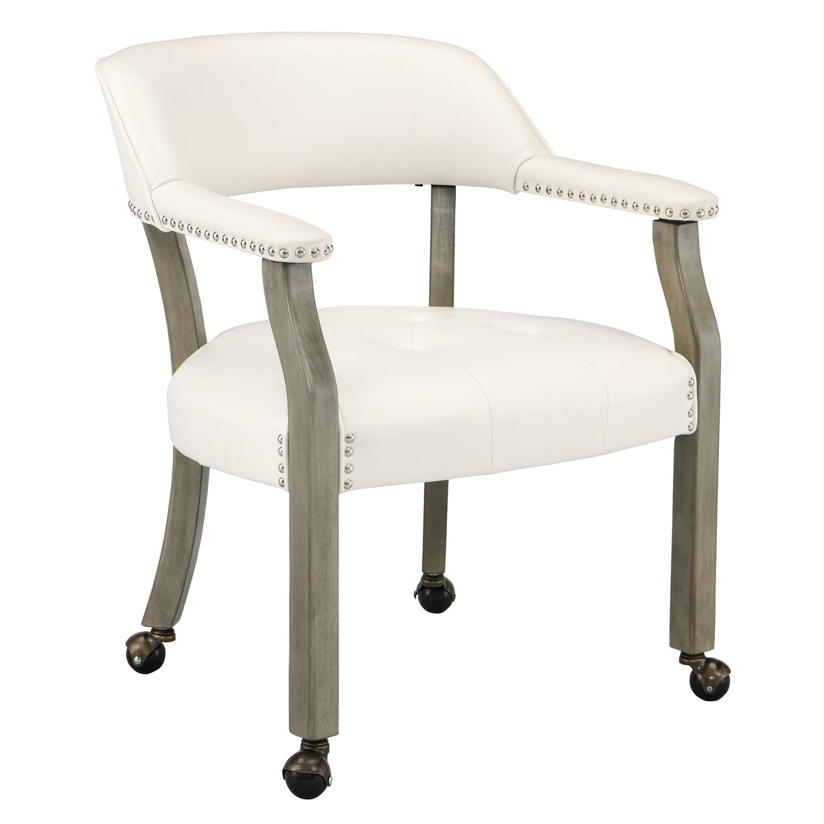 LEEMTORIG Large Dining Chairs with Casters and Arms, Rolling Dining Chairs with Wheels, Accent Game Poker Chairs, Wood Boss Caption's Chairs, 26“Dx25.2 Wx31.5“H, Cherry Legs & Ivory PU, SY-1533-WT