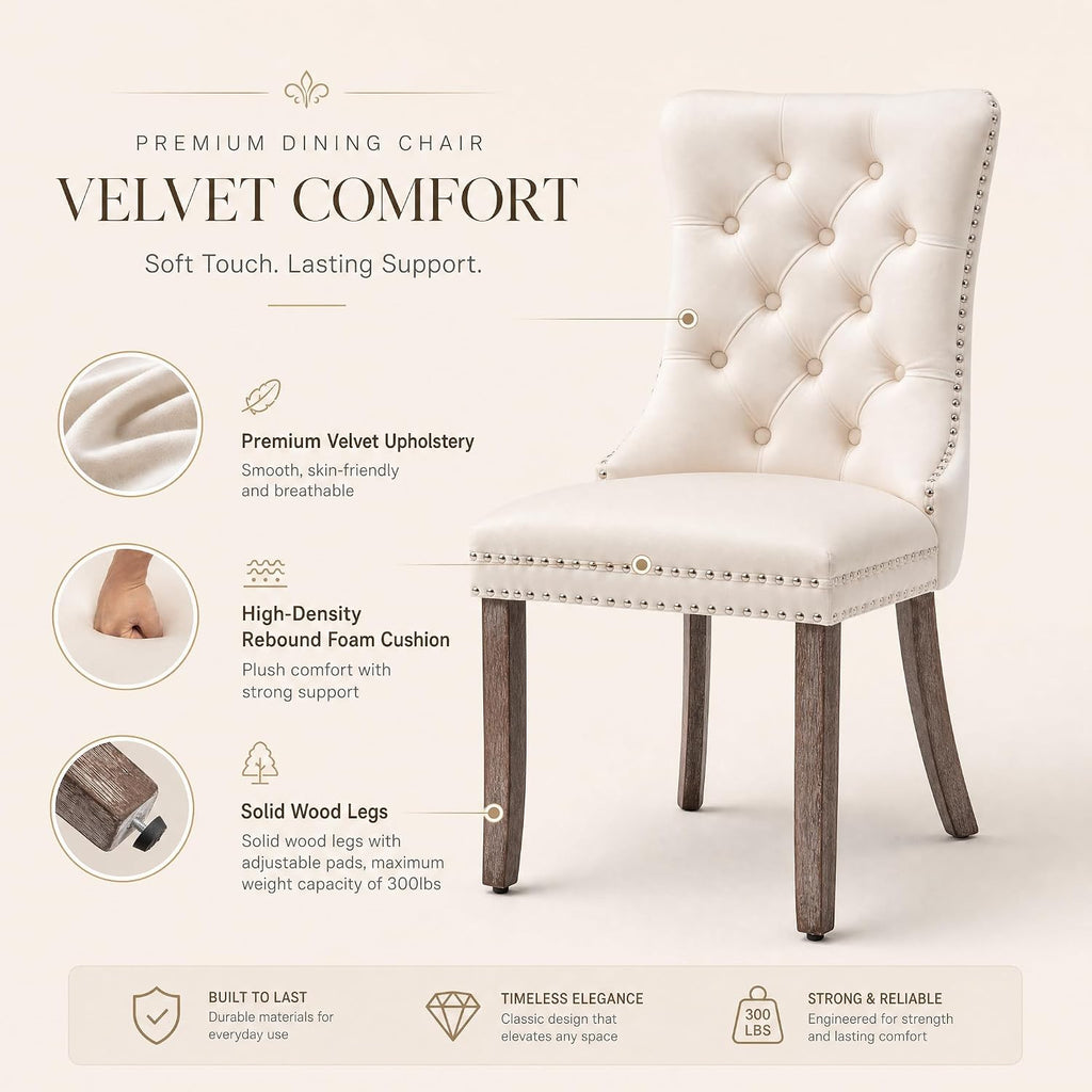 Velvet Dining Chairs, Tufted Kitchen & Dining Room Chairs, Beige, Set of 4