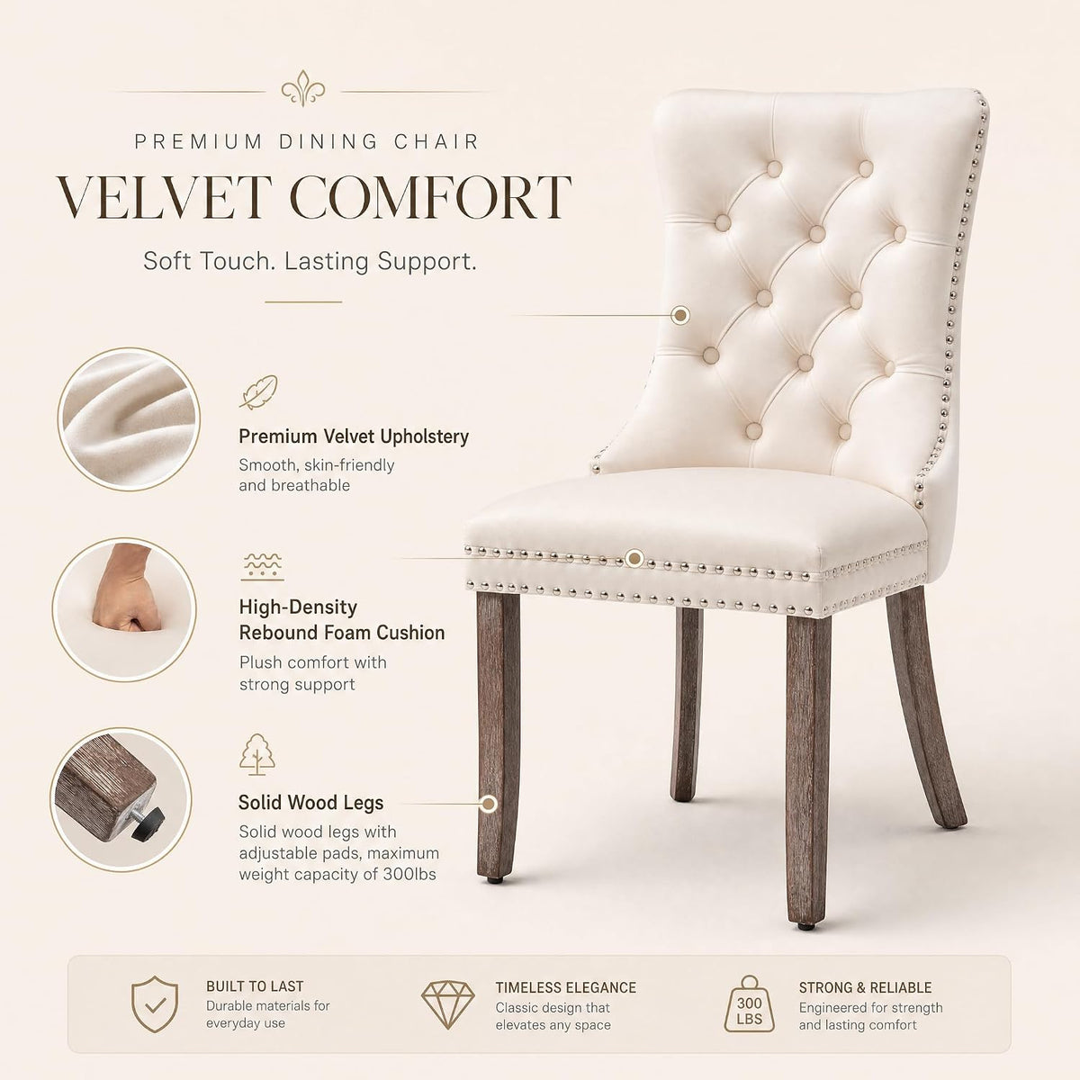 Velvet Dining Chairs, Tufted Kitchen & Dining Room Chairs, Beige, Set of 4