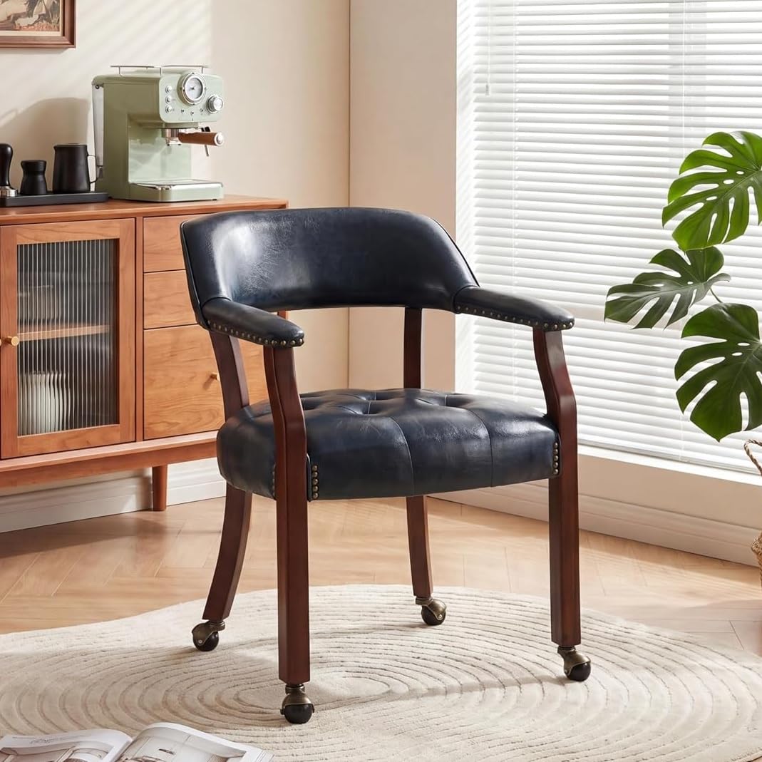 LEEMTORIG Large Dining Chairs with Casters and Arms, Rolling Dining Chairs with Wheels, Accent Game Poker Chairs, Wood Boss Caption's Chairs, 26“Dx25.2 Wx31.5“H, Cherry Legs & Ivory PU, SY-1533-WT