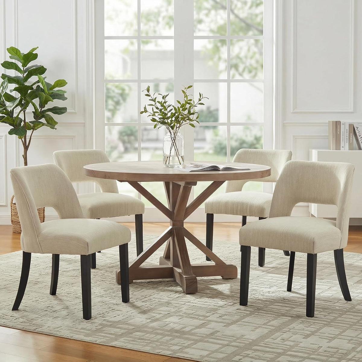 keoni Wooden Dining Chairs Set of 4 with Black Rubberwood Legs and Backrest