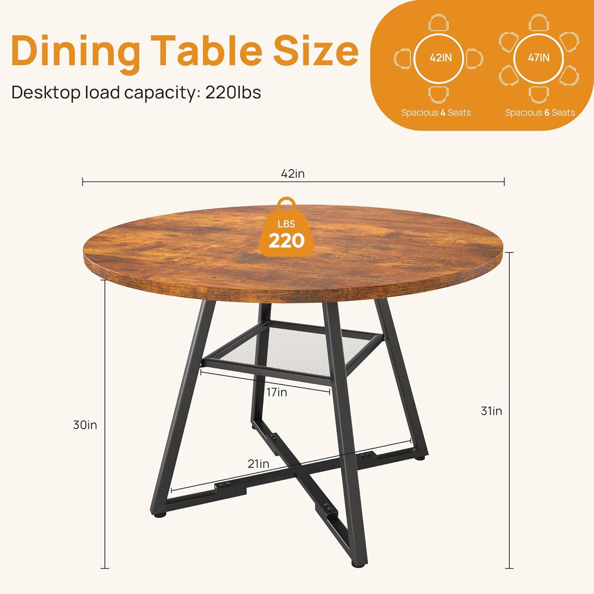 Alpen 42" Round Dining Table for 4-6, Farmhouse Kitchen Table with Storage Shelf, Wood Circle Table with Pedestal Metal Frame, Small Space Table for Apartment, Dining Room, Vintage Brown