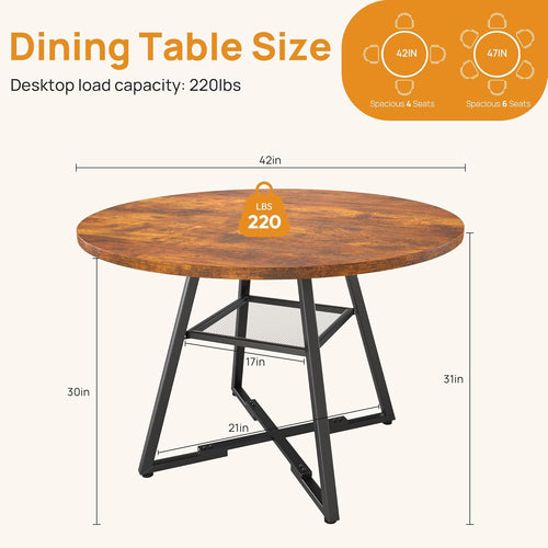 Alpen 42" Round Dining Table for 4-6, Farmhouse Kitchen Table with Storage Shelf, Wood Circle Table with Pedestal Metal Frame, Small Space Table for Apartment, Dining Room, Vintage Brown