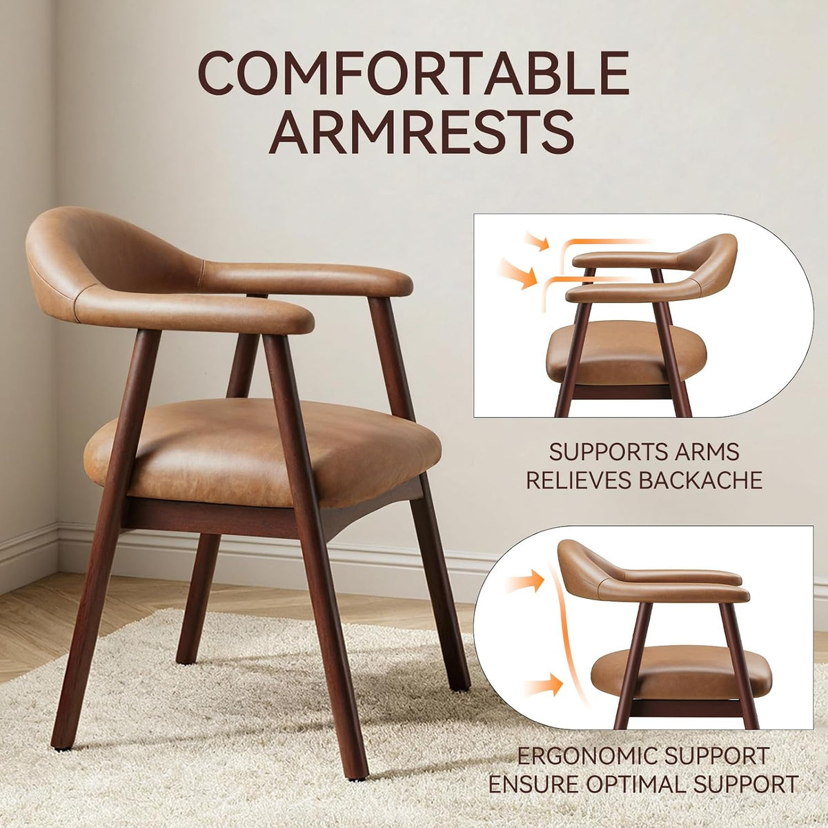 MALOL Leather Dining Chair with Armrest Set of 4, Upholstered Dining Room Chair with Curved Back and Wood Legs, Mid Century Modern Kitchen Chairs for Kitchen Dining Room,Brown
