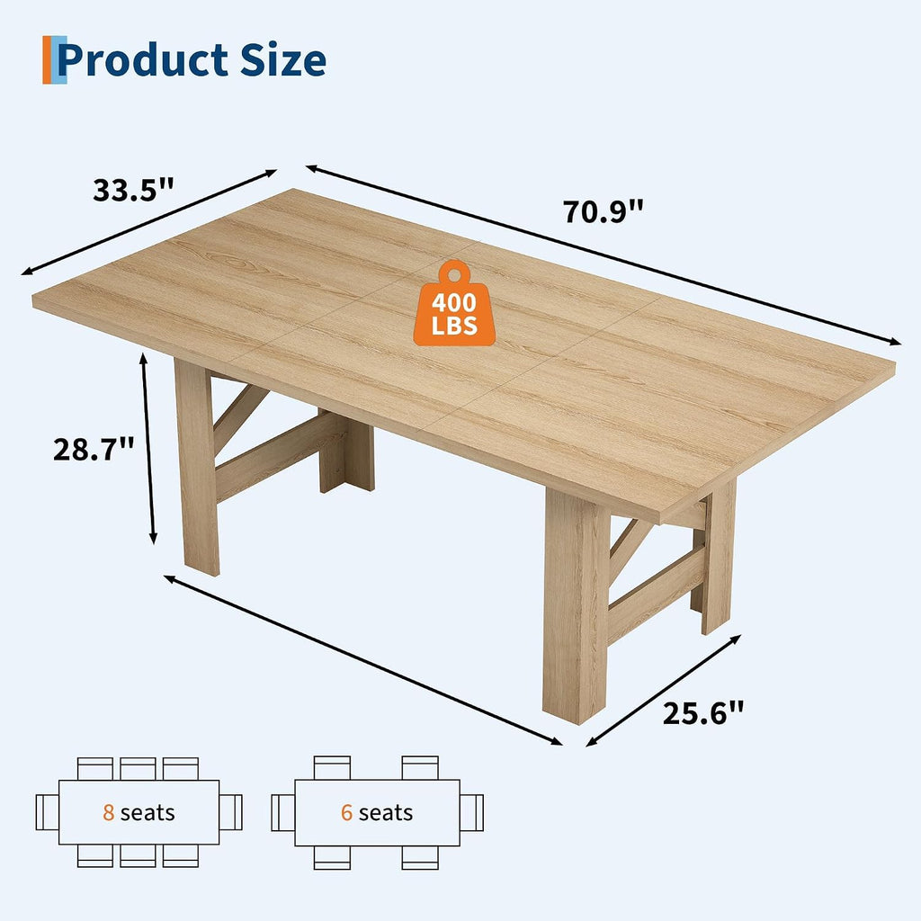71" Farmhouse Dining Table for 6-8 Person, Large Rectangular Wood Dining Room Table Only, Rock-Strong Thick Base & Heavy Duty Triangular Legs for Kitchen, Office & Restaurant, Natural Wood