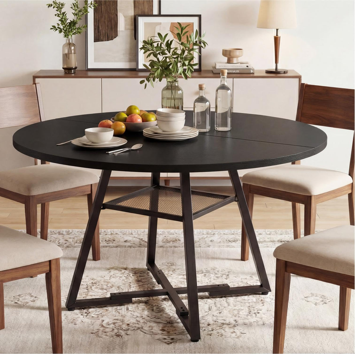 Alpen 42" Round Dining Table for 4-6, Farmhouse Kitchen Table with Storage Shelf, Wood Circle Table with Pedestal Metal Frame, Small Space Table for Apartment, Dining Room, Vintage Brown
