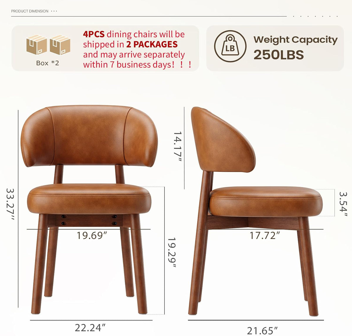 MALOL Wooden Dining Chairs Set of 4, Modern Upholstered Dining Room Kitchen Side Chairs with Curved Open Back for Living Room/Restaurant/Cafe, Brown
