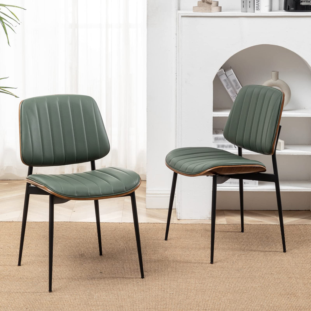 LUNLING Dining Chairs Set of 2 Mid Century Modern Retro Green Velvet Kitchen Chairs with Walnut Bentwood Upholstered Seat Metal Legs Adjustable Foot for Kitchen Dining Room Chairs(Green Fabric)