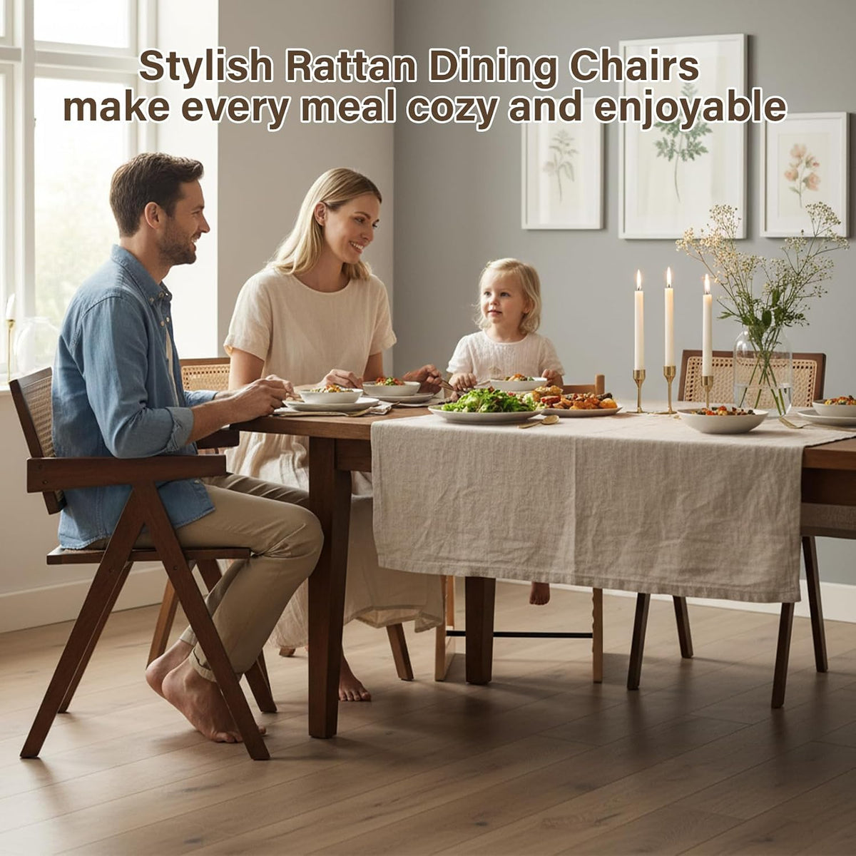 Furlide Rattan Dining Chairs Set of 2, Bamboo Armchairs in Walnut