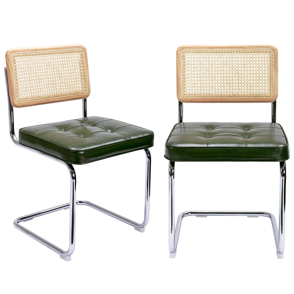 ONEVOG Faux Leather Dining Chairs Set of 2, Mid-Century Modern Kitchen Chairs with Natural Rattan Back and Non-Slip Metal Legs, 19" Upholstered Armless Dining Room Chairs, Caramel Brown