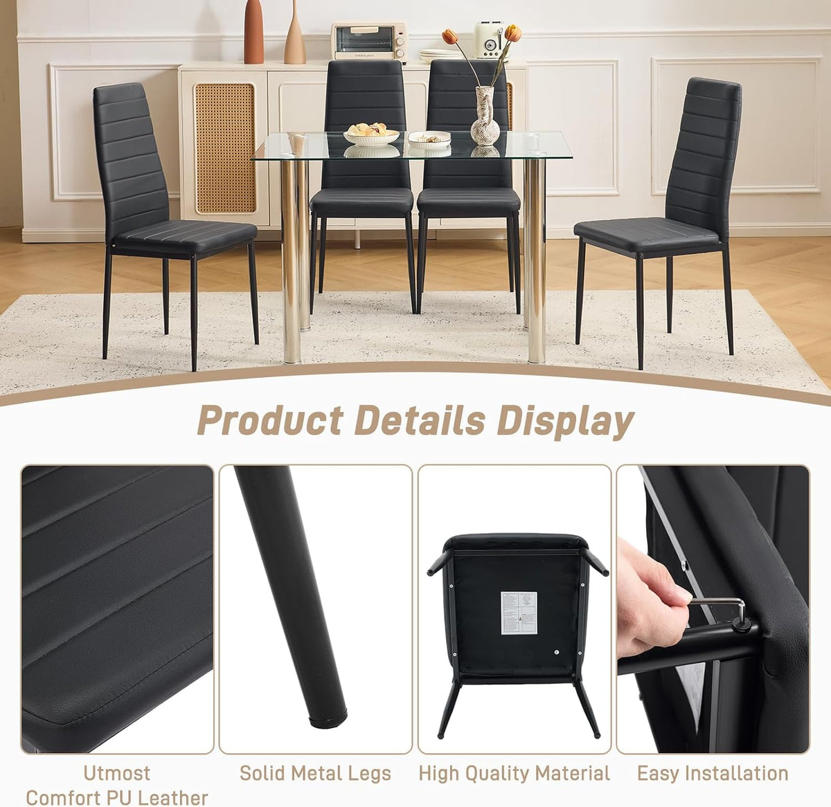 Karl home Dining Chairs Set of 4, PU Leather & High Back, Black