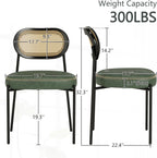 Rattan Dining Chairs Set of 2, Green Leather Upholstered Dining Chairs with Rattan Cane Back, Mid Century Modern Dining Room Chairs with Black Metal Legs & D-Shaped Thicken Cushion, Green