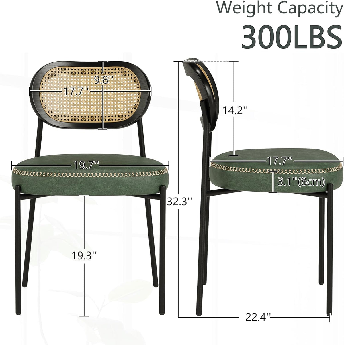 Rattan Dining Chairs Set of 2, Green Leather Upholstered Dining Chairs with Rattan Cane Back, Mid Century Modern Dining Room Chairs with Black Metal Legs & D-Shaped Thicken Cushion, Green