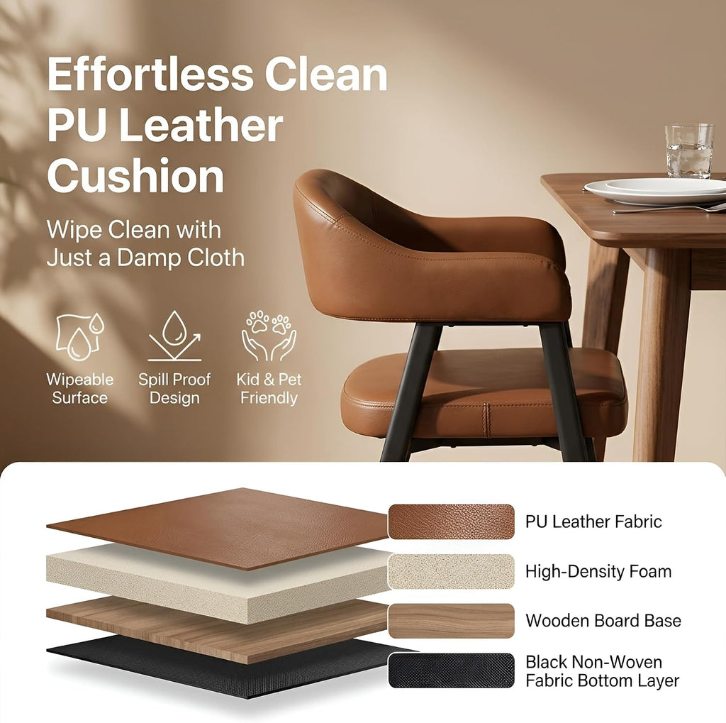 HNY Modern Dining Room Arm Chairs Set of 6, Retro Faux Leather Upholstered Barrel Dining Chairs with Arms Mid-Century Brown Accent Chair with Metal Legs, Open-Back Kitchen Side Chair for Living Room