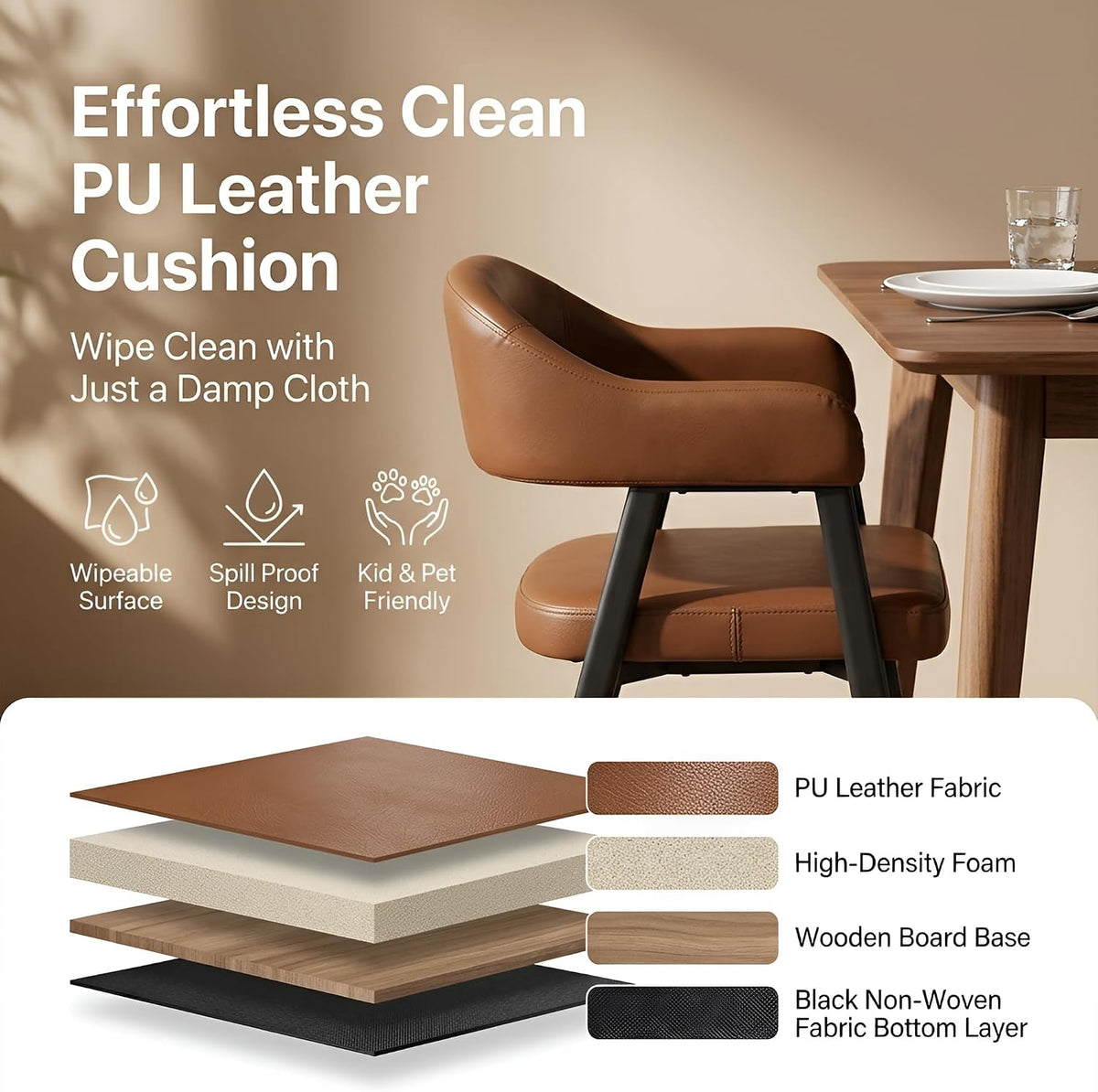 HNY Modern Dining Room Arm Chairs Set of 6, Retro Faux Leather Upholstered Barrel Dining Chairs with Arms Mid-Century Brown Accent Chair with Metal Legs, Open-Back Kitchen Side Chair for Living Room