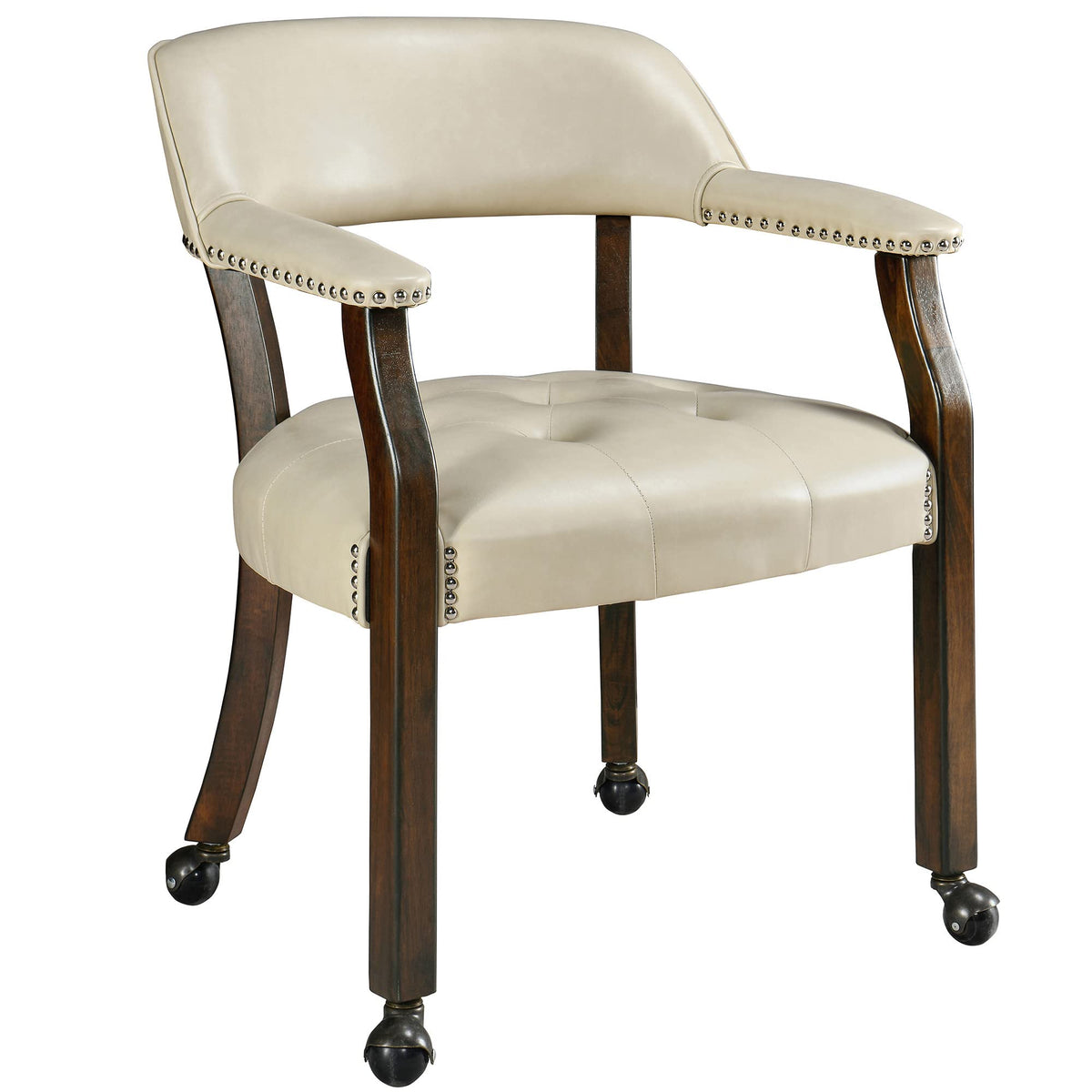 LEEMTORIG Large Dining Chairs with Casters and Arms, Rolling Dining Chairs with Wheels, Accent Game Poker Chairs, Wood Boss Caption's Chairs, 26“Dx25.2 Wx31.5“H, Cherry Legs & Ivory PU, SY-1533-WT