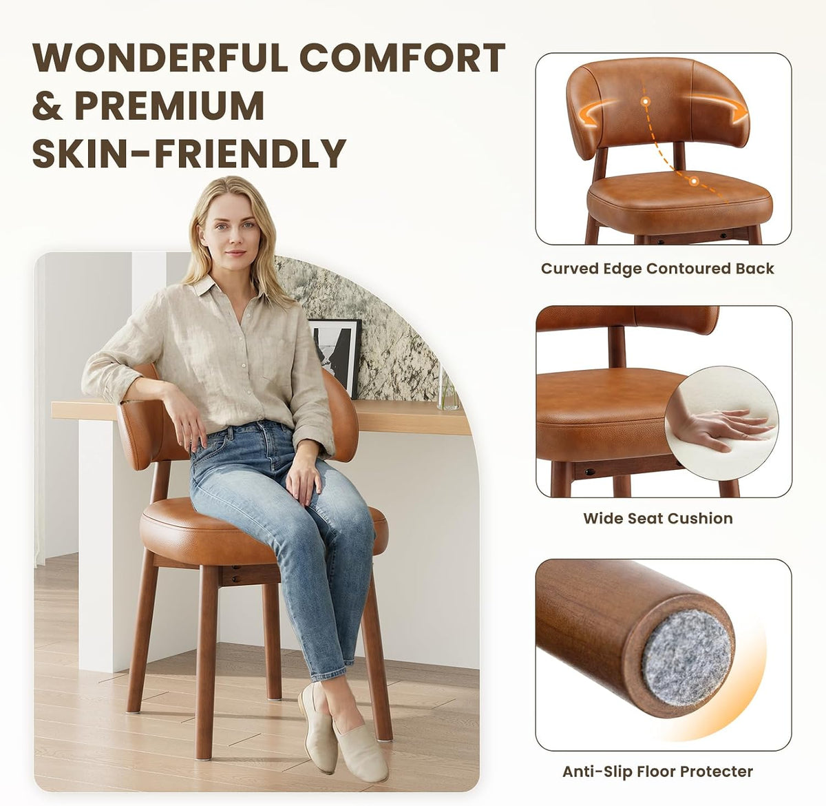 MALOL Wooden Dining Chairs Set of 4, Modern Upholstered Dining Room Kitchen Side Chairs with Curved Open Back for Living Room/Restaurant/Cafe, Brown