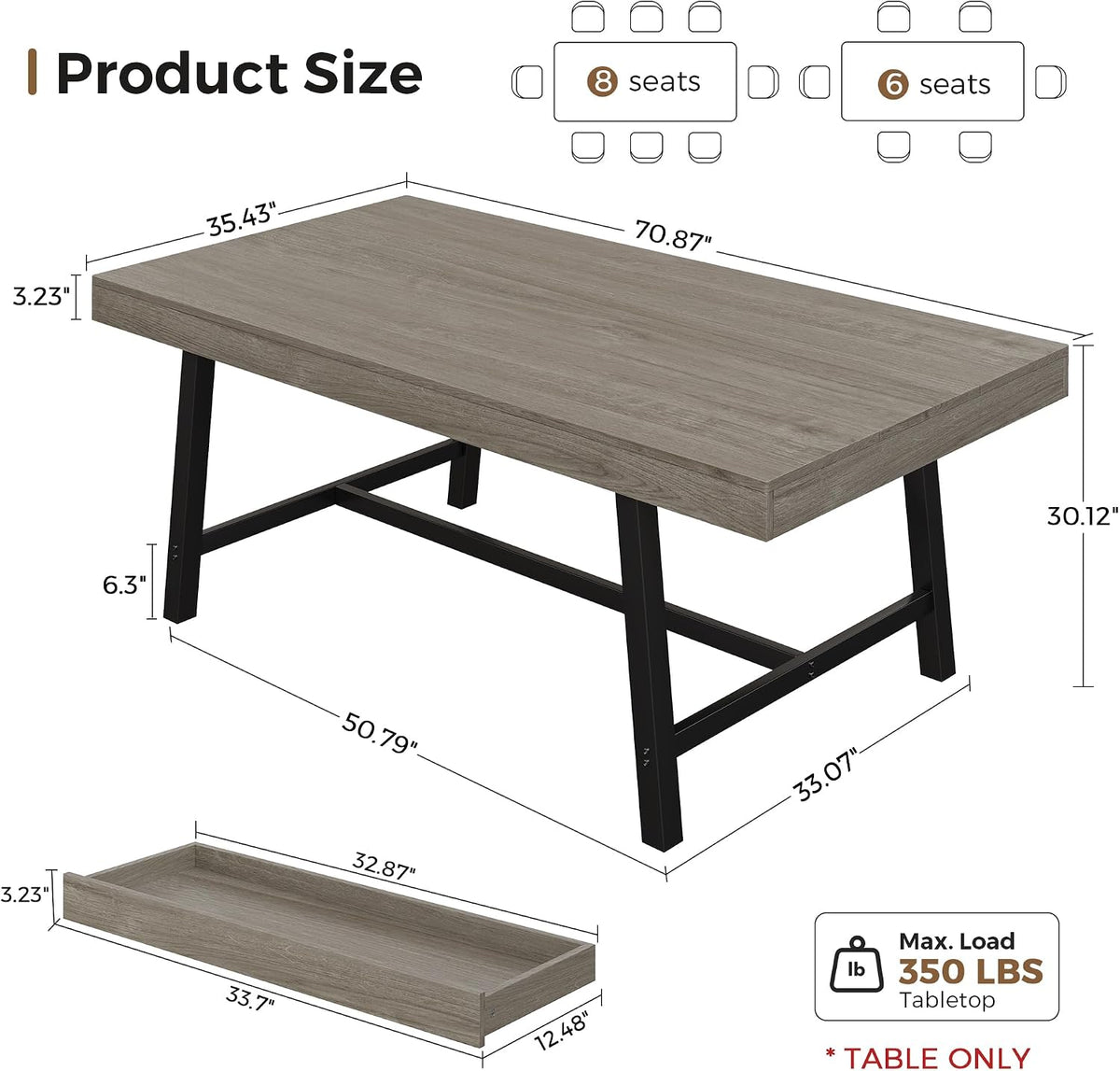 Industrial Dining Table for 6, 70.9" Rectangular Kitchen Table with Hidden 2 Storage Drawers, Wooden Dining Room Table with Heavy Duty Metal Frame, Kitchen & Dining Room Table for 6-8 People, Grey