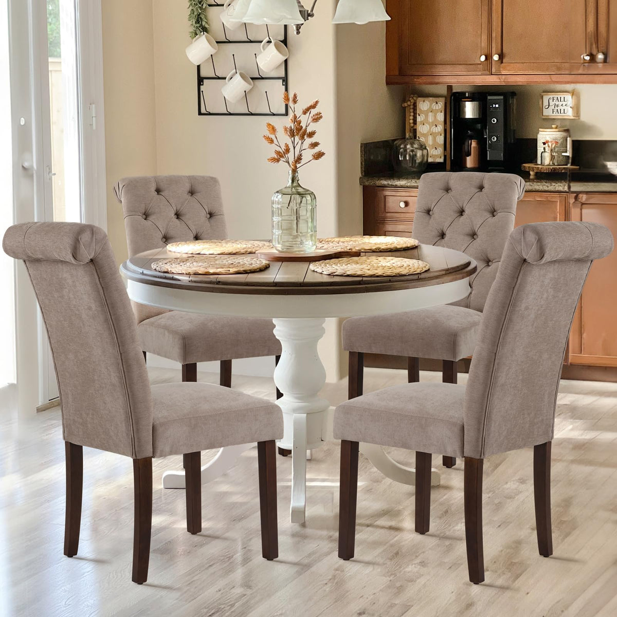 COLAMY Button Tufted Dining Chairs Set of 4, Parsons Upholstered Fabric Dining Room Chairs Kitchen Chairs with Wood Legs and Padded Seat, Taupe