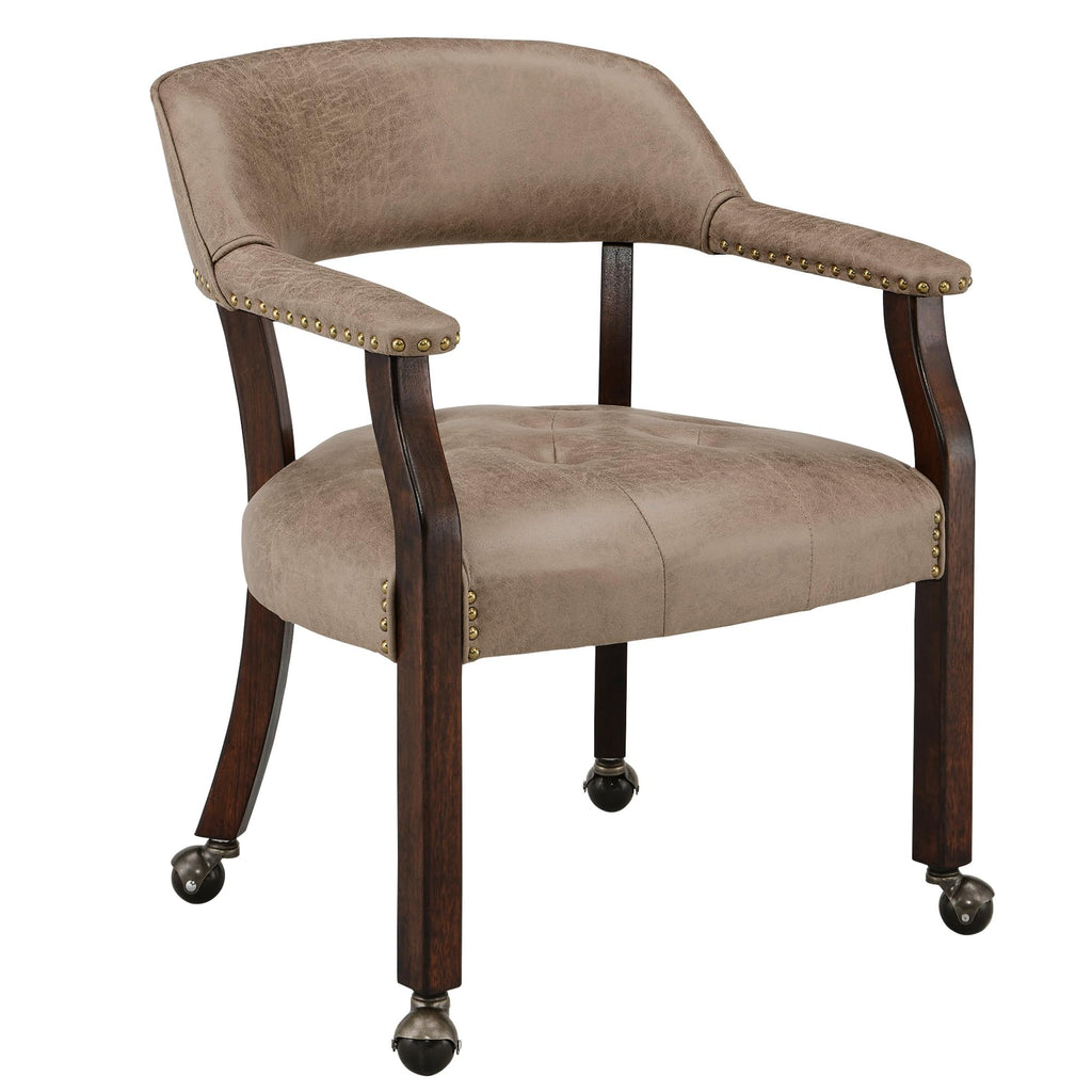 LEEMTORIG Large Dining Chairs with Casters and Arms, Rolling Dining Chairs with Wheels, Accent Game Poker Chairs, Wood Boss Caption's Chairs, 26“Dx25.2 Wx31.5“H, Cherry Legs & Ivory PU, SY-1533-WT