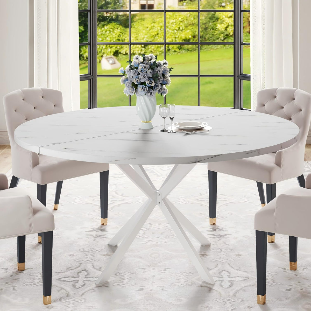 47.24" Round Dining Table for 4-6 Person, Round Kitchen Table with Wood Top, Circle Dinner Pedestal Tables with Metal Legs for Dining Room Kitchen (Black)