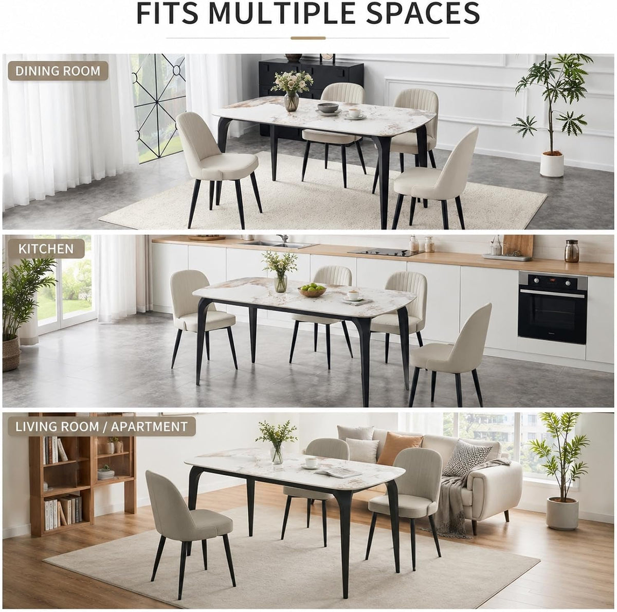 63" Sintered Stone Dining Table, Modern Kitchen Table with Marble Top, Rectangular Dining Table with Black Metal Legs for Small Space Living Room,Kitchen,Office,Cafe, Pandora Beige