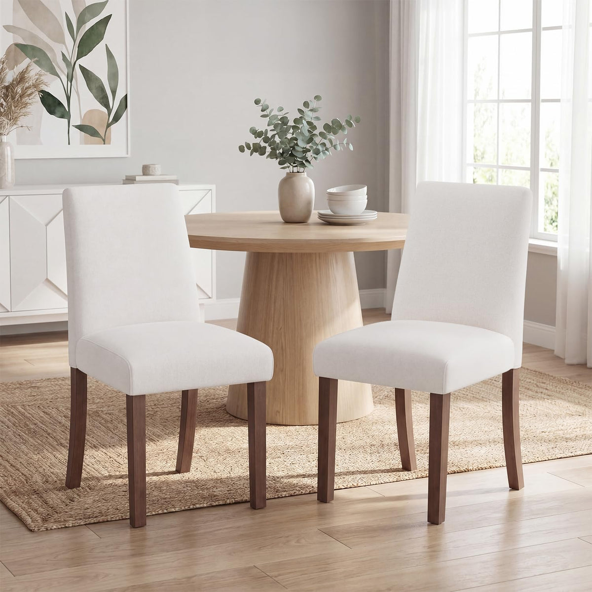 MALOL Upholstered Kitchen Chairs Set of 6, Modern Kitchen Chairs with High Back, Padded Fabric Dining Room Chair with Solid Wood Legs for Restaurant/Cafe/Home, Light Beige