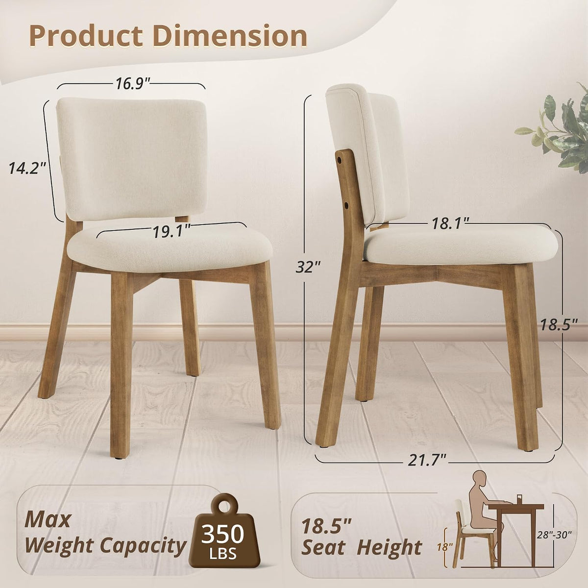 LUE BONA Linen Farmhouse Dining Chairs Set of 4, Natural Wood Leg