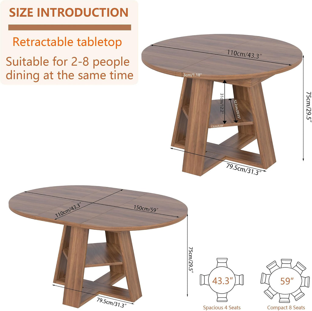 43.3"-59" Extendable Round Oval Dining Table for 4-8 with Storage Shelf