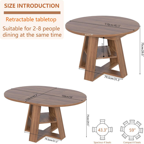 43.3"-59" Extendable Round Oval Dining Table for 4-8 with Storage Shelf