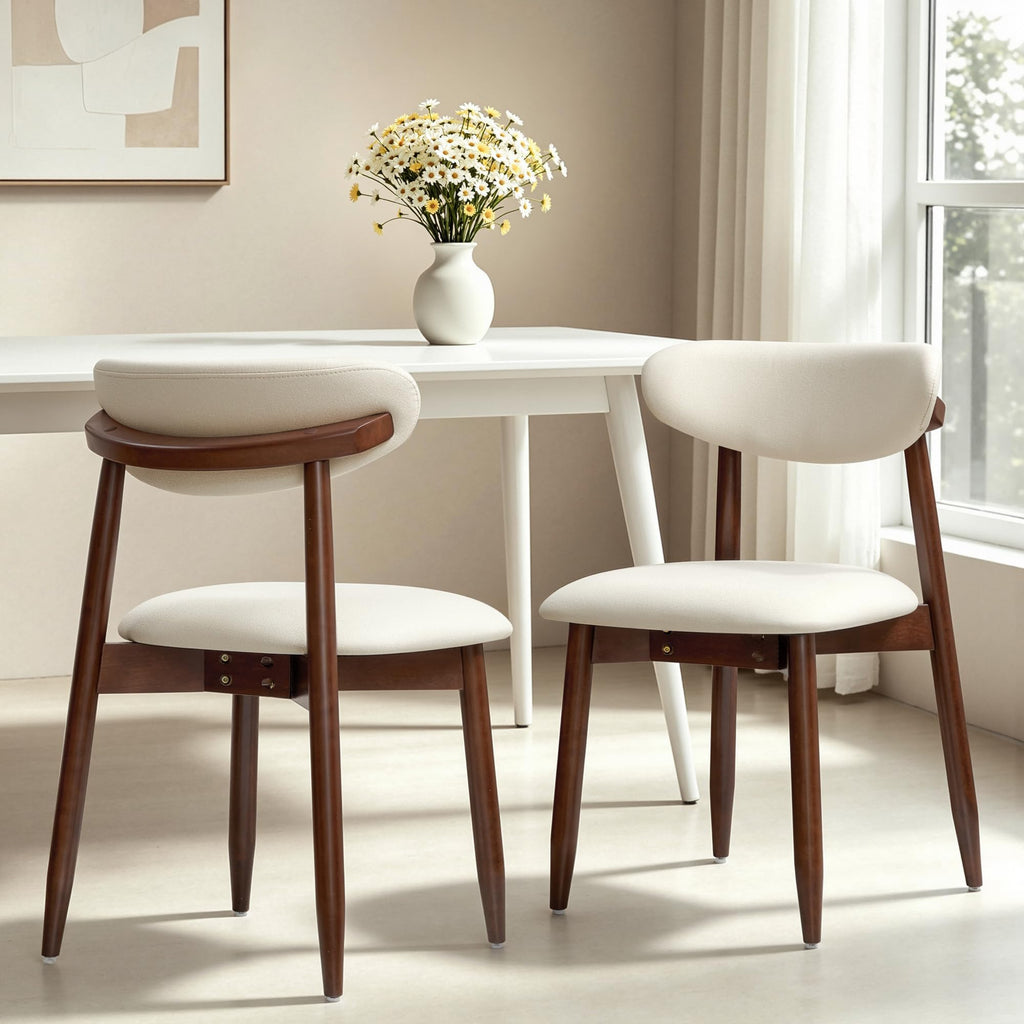 CHUN YI Dining Chairs Set of 4, Upholstered Wooden Dining Room Chairs, Mid Century Modern Fabric Kitchen Chair with Ergonomic Curved Backrest, Beige (Only Chairs)