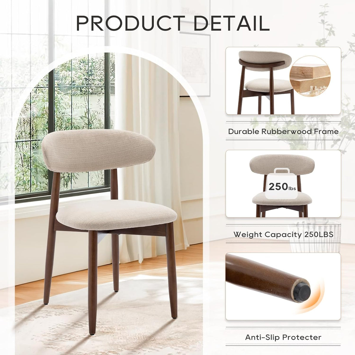 COLAMY Wooden Dining Chairs Set of 6, Upholstered Kitchen Side Chair, Beige