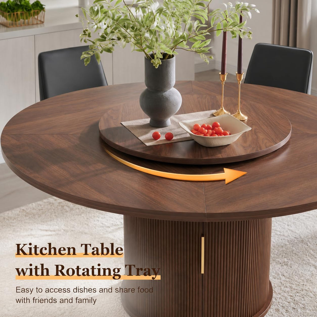 55" Fluted Round Dining Table for 4-6, Mid-Century Modern Kitchen Table with Rotating Tray, 2-Tier Storage Shelf, Wood Sliding Doors and Pedestal Base, Walnut